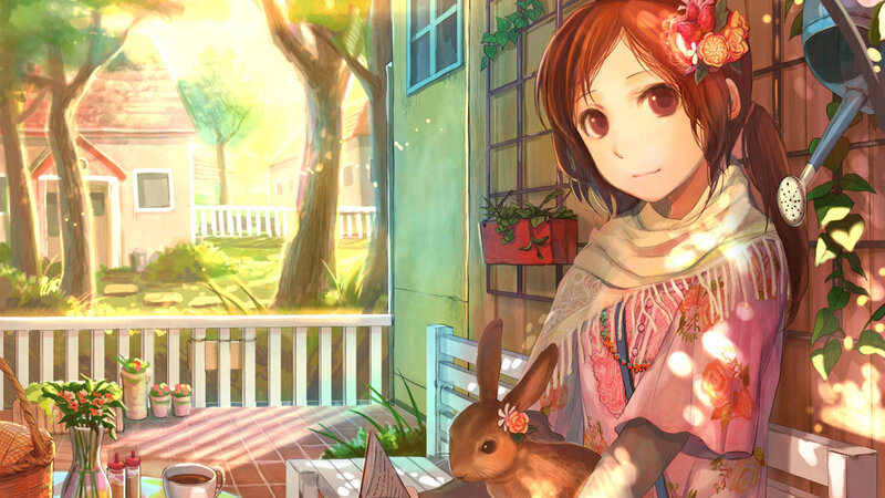 Girl with Rabbit on Porch