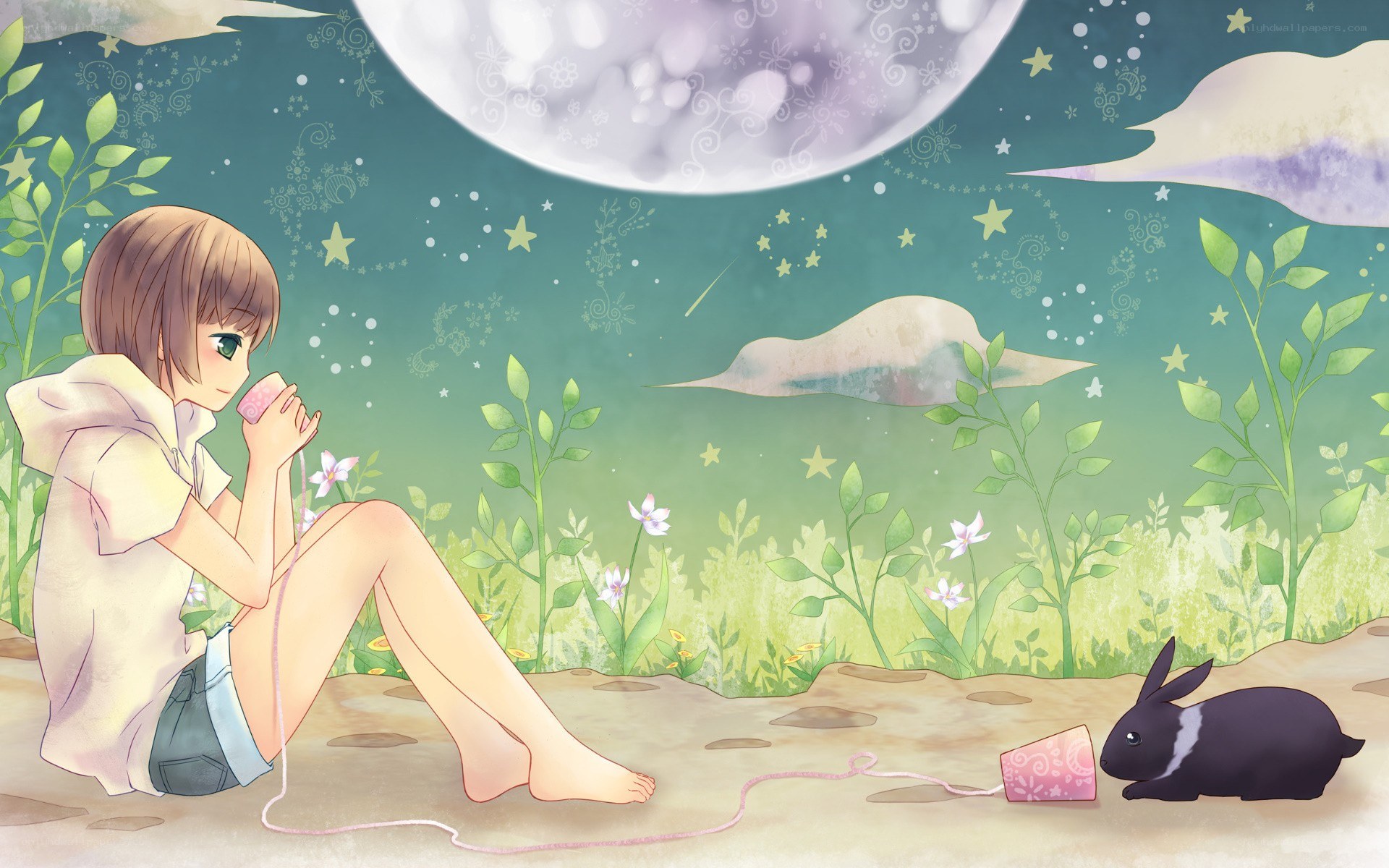 Girl with rabbit under moonlight