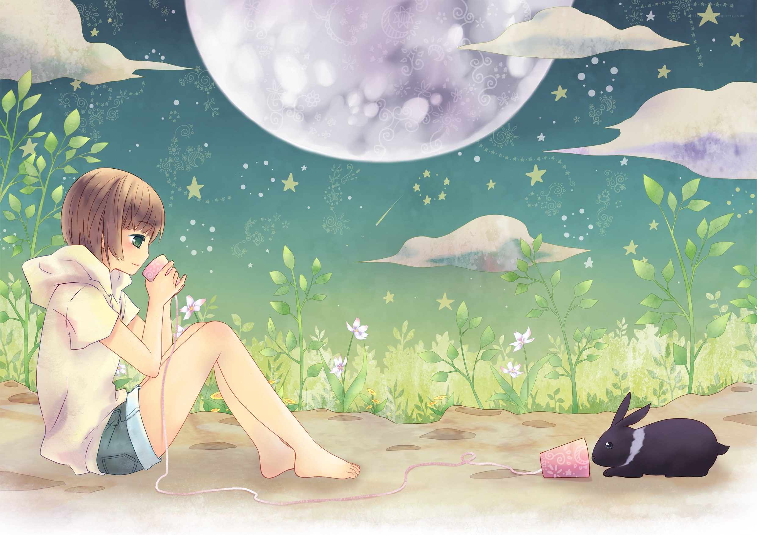 Girl with rabbit under moonlight