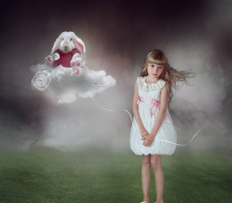 Girl with Rabbit — White, Dreamy