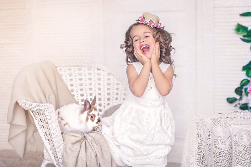 Girl with Rabbit — White, Joyful