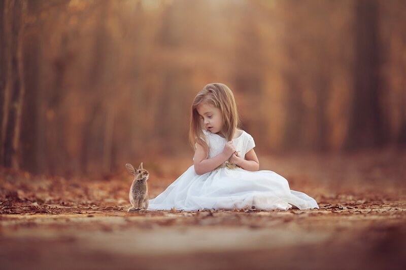 Girl with Rabbit — White, Serene, Autumn