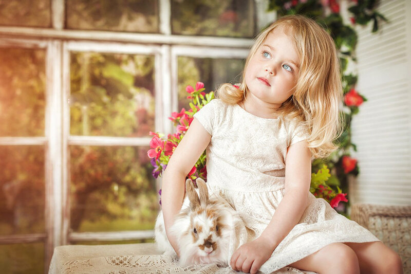 Girl with Rabbit — White, Serene