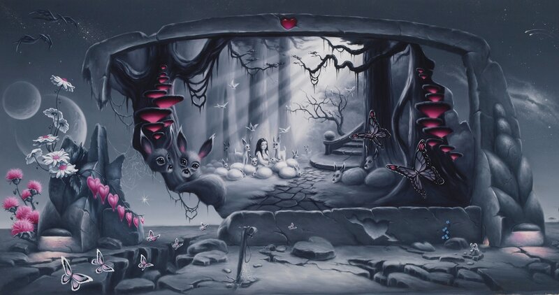 Girl with Rabbits in Cave — Gray