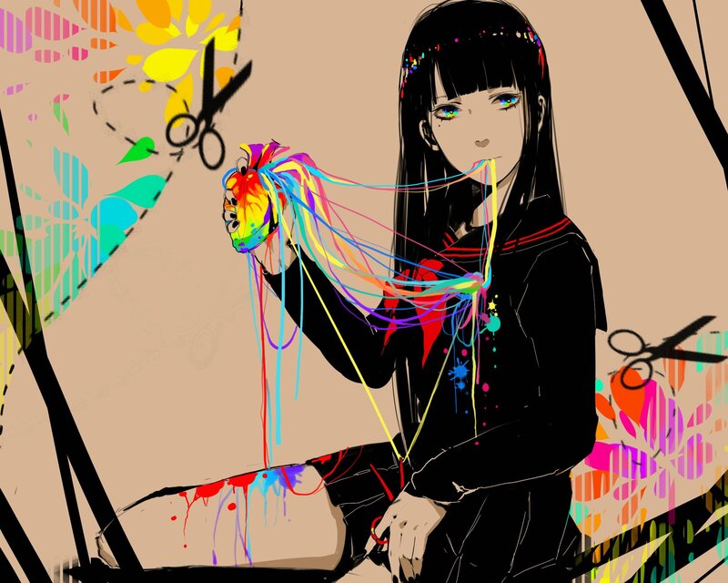 Girl with rainbow heart strings
