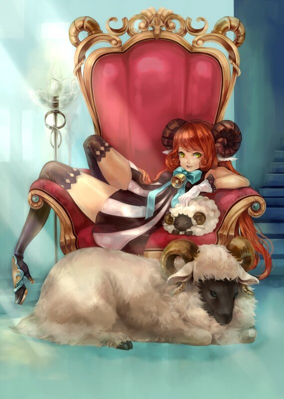 Girl with ram horns on throne