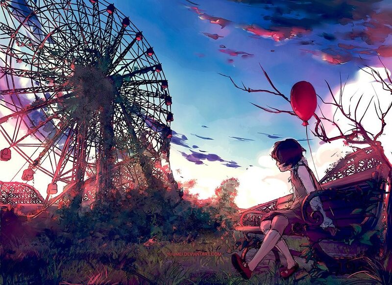 Girl with red balloon at abandoned park
