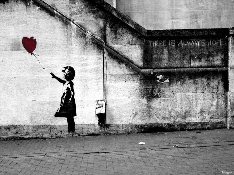 Girl with Red Balloon — Black, Somber, Illustration, Wall, Text