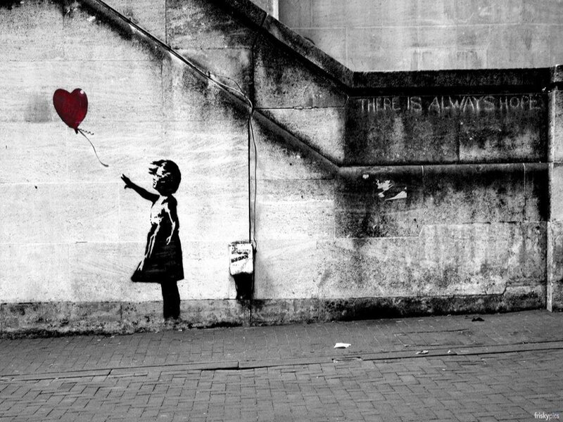 Girl with Red Balloon — Black, Somber, Illustration, Wall