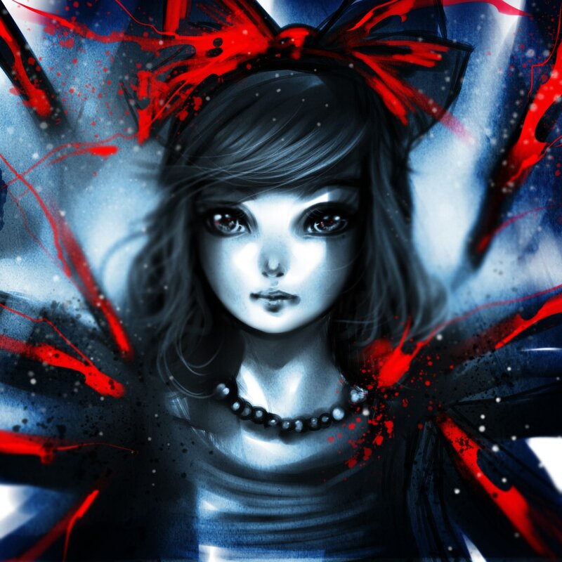 girl with red bow and splatters