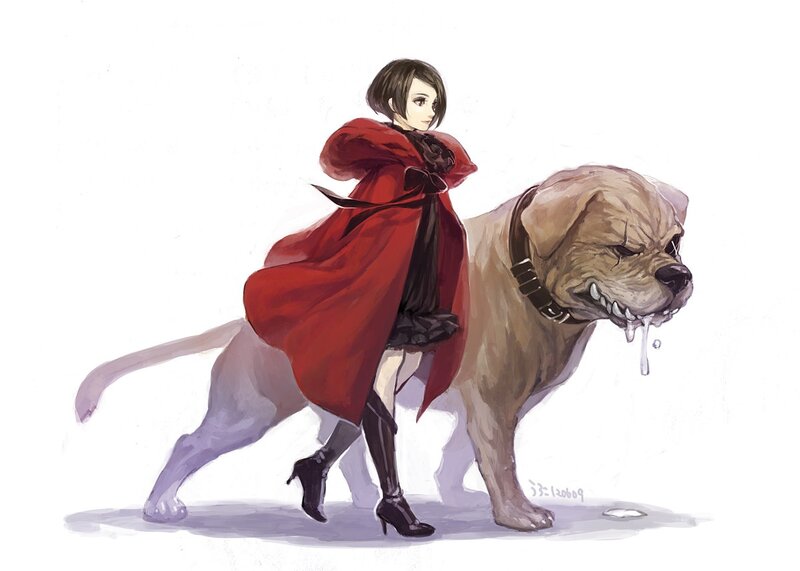 girl with red cloak and dog