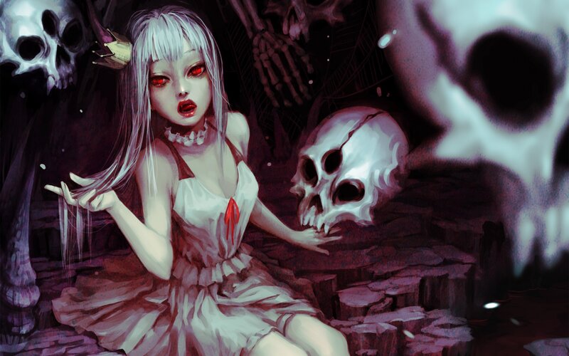 girl with red eyes in a crypt