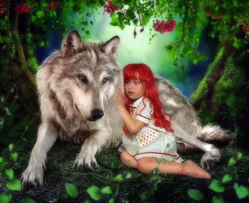 Girl with Red Hair and Wolf