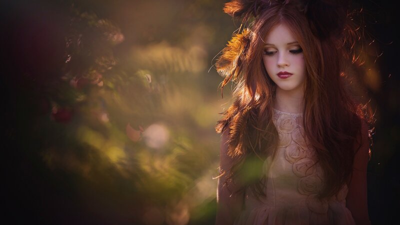 Girl with Red Hair — Dramatic, Sunset, Photograph, Feather