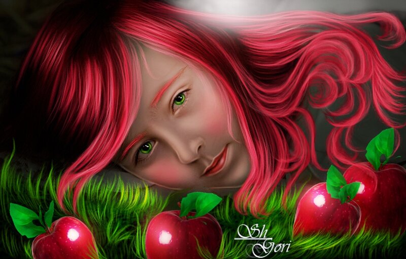 Girl with Red Hair — Dreamy, Digital Art, Apples