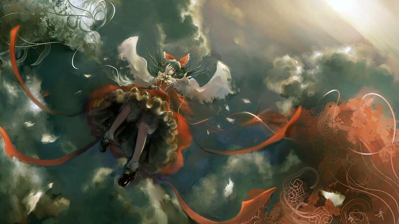 girl with red ribbons in clouds