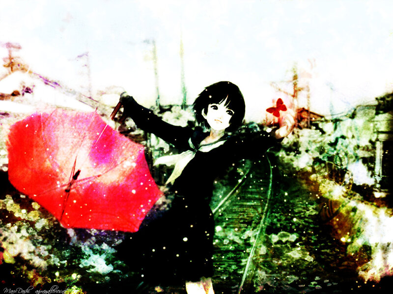girl with red umbrella and butterfly