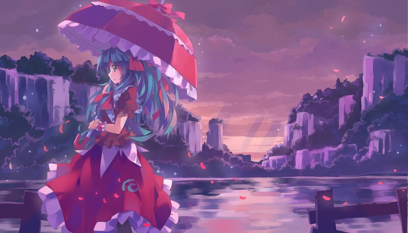 girl with red umbrella at dusk