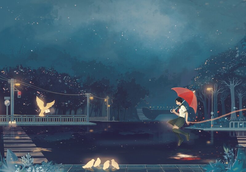 Girl with red umbrella at night