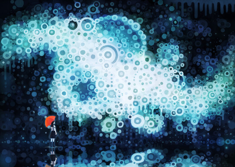 Girl with Red Umbrella — Blue, Dreamy, Night
