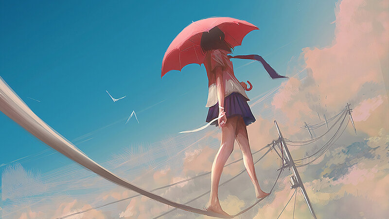 Girl with Red Umbrella — Blue, Serene, Afternoon, Digital Art