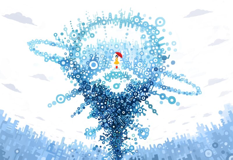 Girl with Red Umbrella — Blue, Whimsical