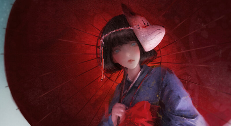 Girl with Red Umbrella — Dramatic, Digital Art