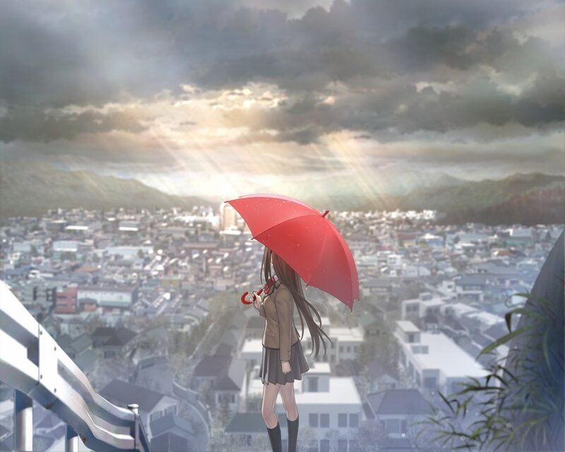 Girl with Red Umbrella — Dramatic, Sunset, Anime