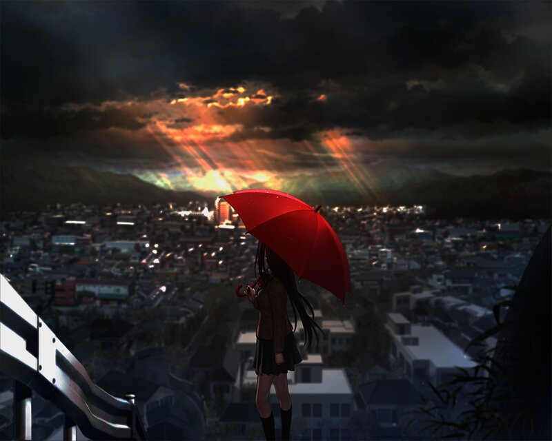 Girl with Red Umbrella — Dramatic, Sunset, Digital Art