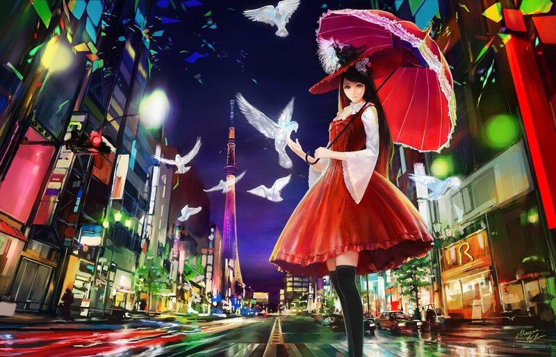 Girl with Red Umbrella — Dreamy, Night