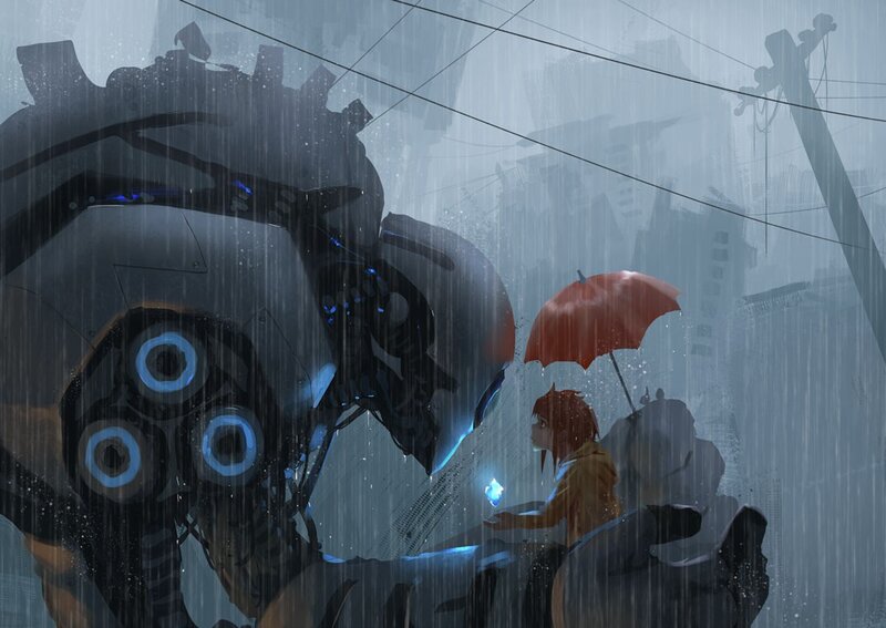 Girl with Red Umbrella — Gray, Dramatic, Night