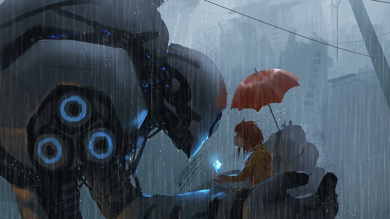 Girl with Red Umbrella — Gray, Dramatic