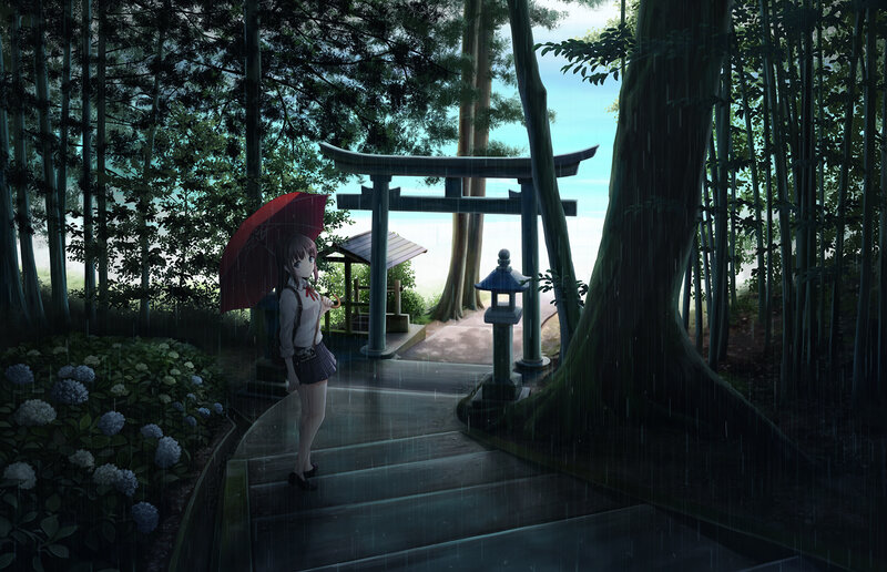 Girl with Red Umbrella — Green, Serene