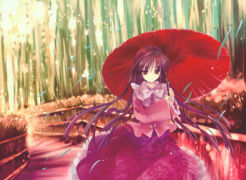 girl with red umbrella in bamboo forest