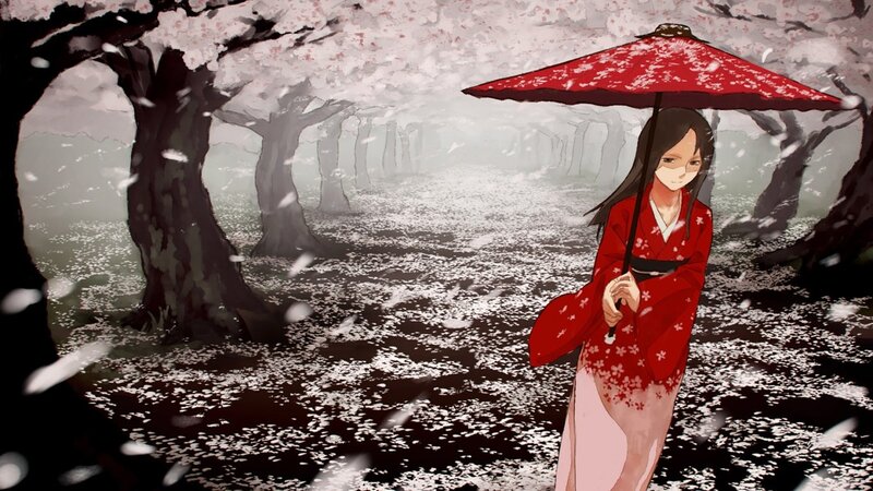 girl with red umbrella in cherry blossom