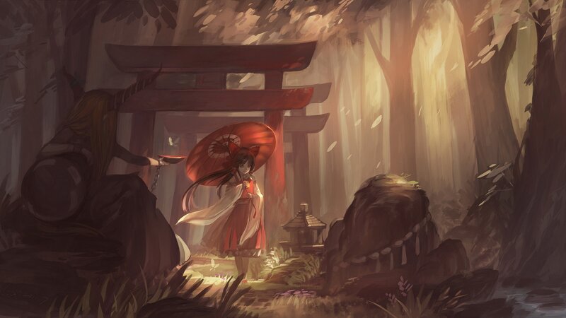 Girl with red umbrella in forest