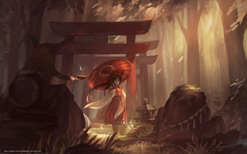 Girl with red umbrella in forest