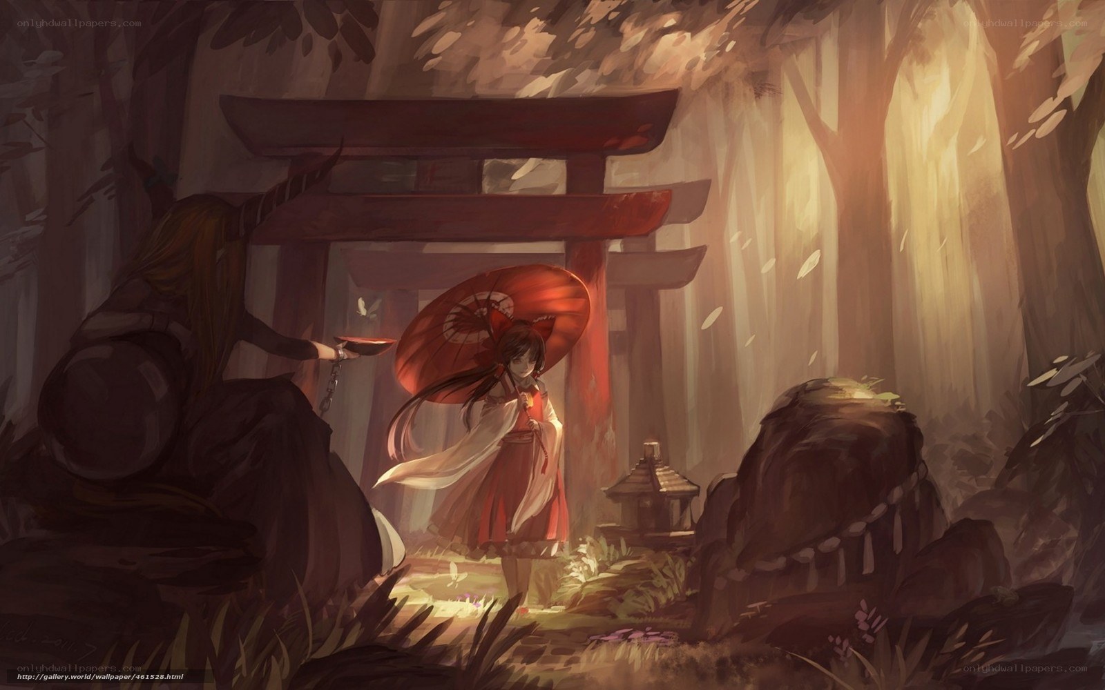 Girl with red umbrella in forest