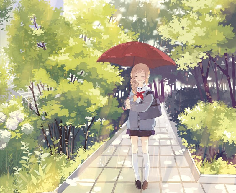 Girl with red umbrella in garden