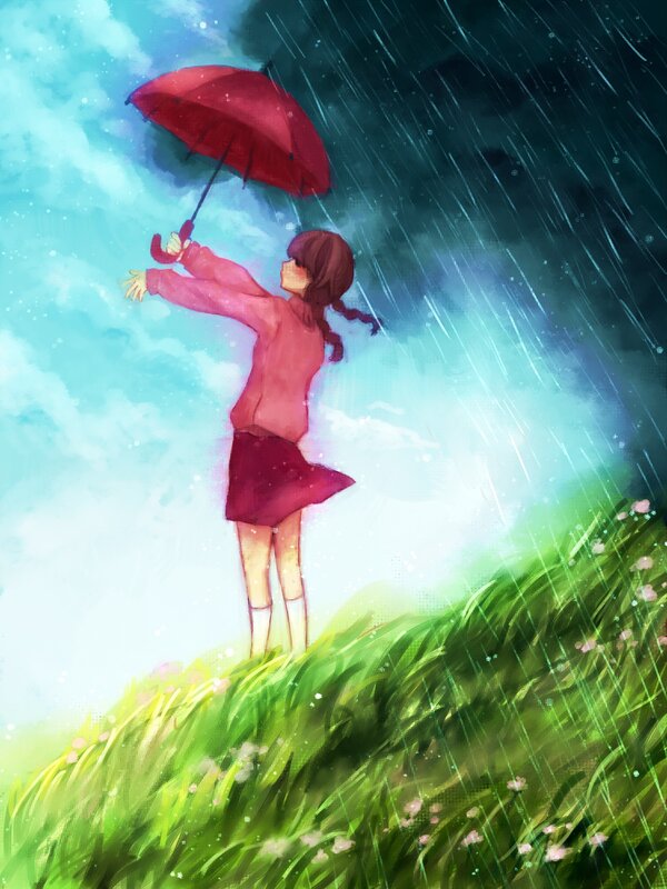 Girl with red umbrella in rain