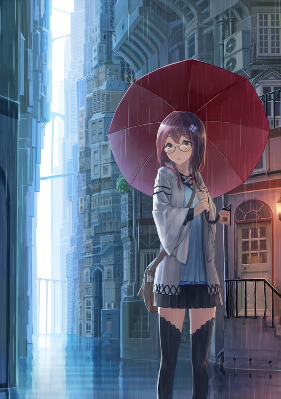 Girl with red umbrella in rain