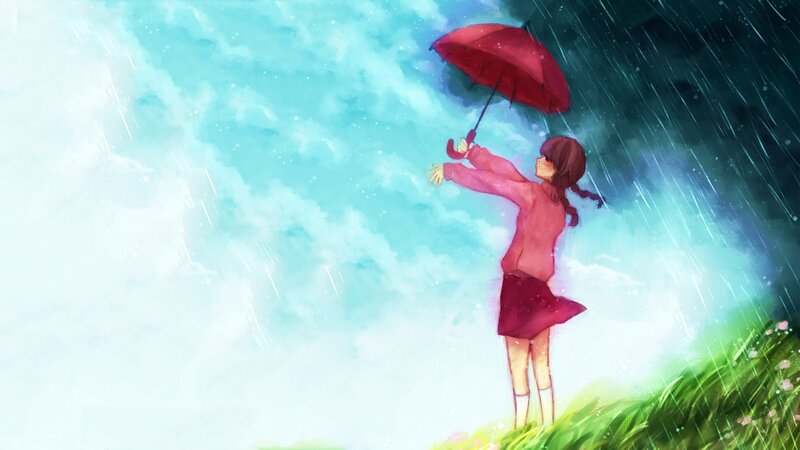 girl with red umbrella in rain