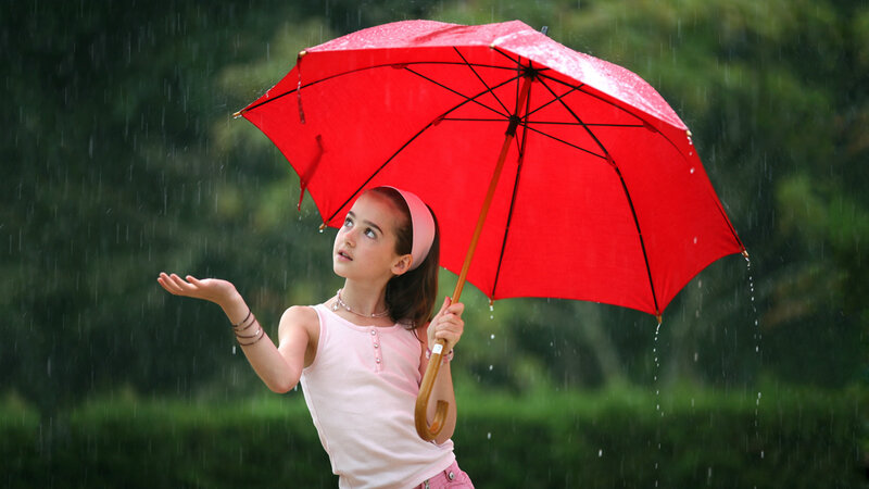 Girl with red umbrella in rain