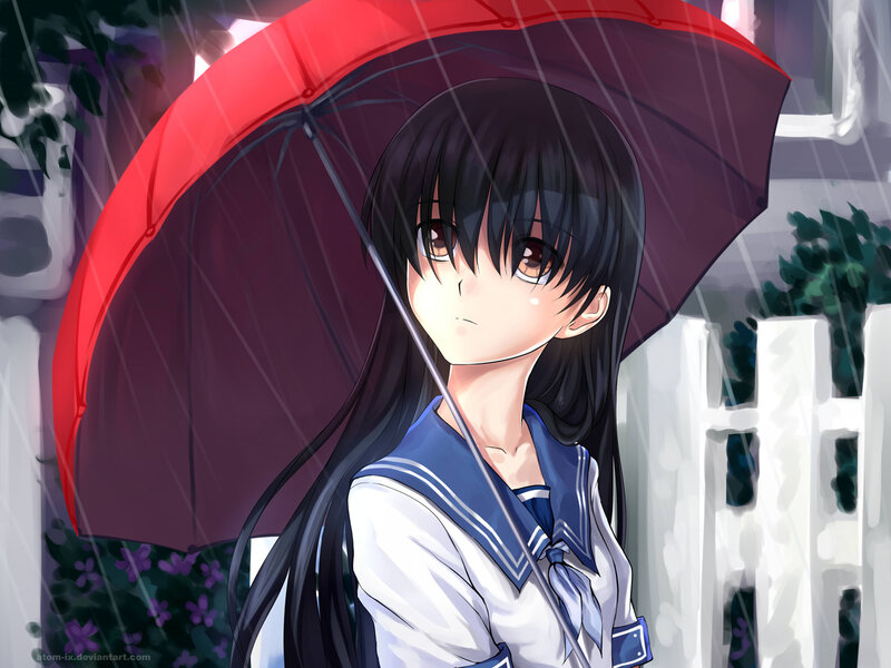 girl with red umbrella in rain