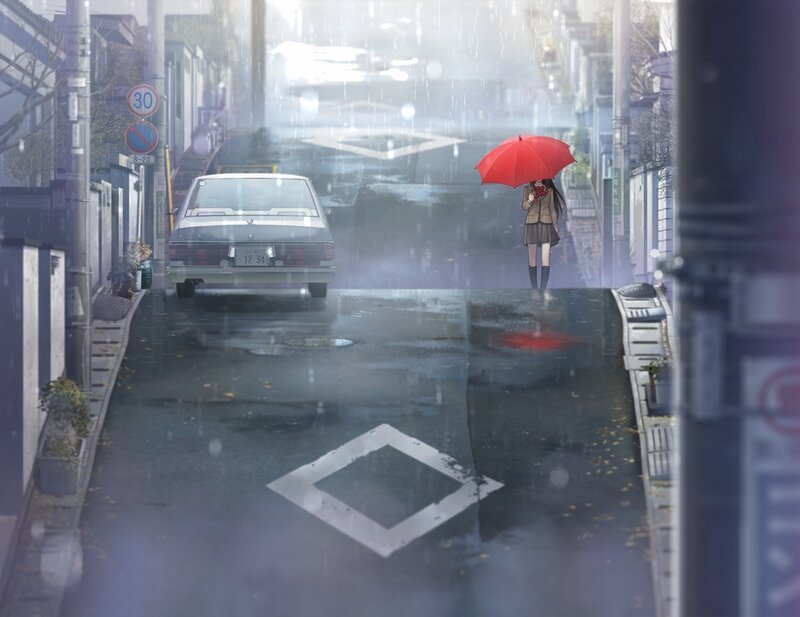 Girl with red umbrella in rain