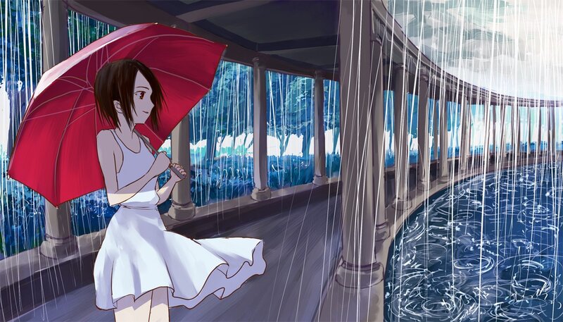 Girl with red umbrella in rain