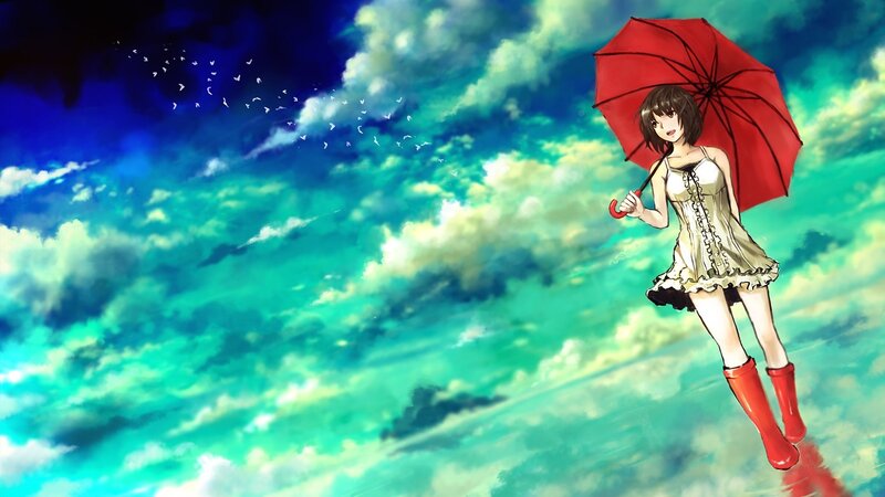 girl with red umbrella in sky