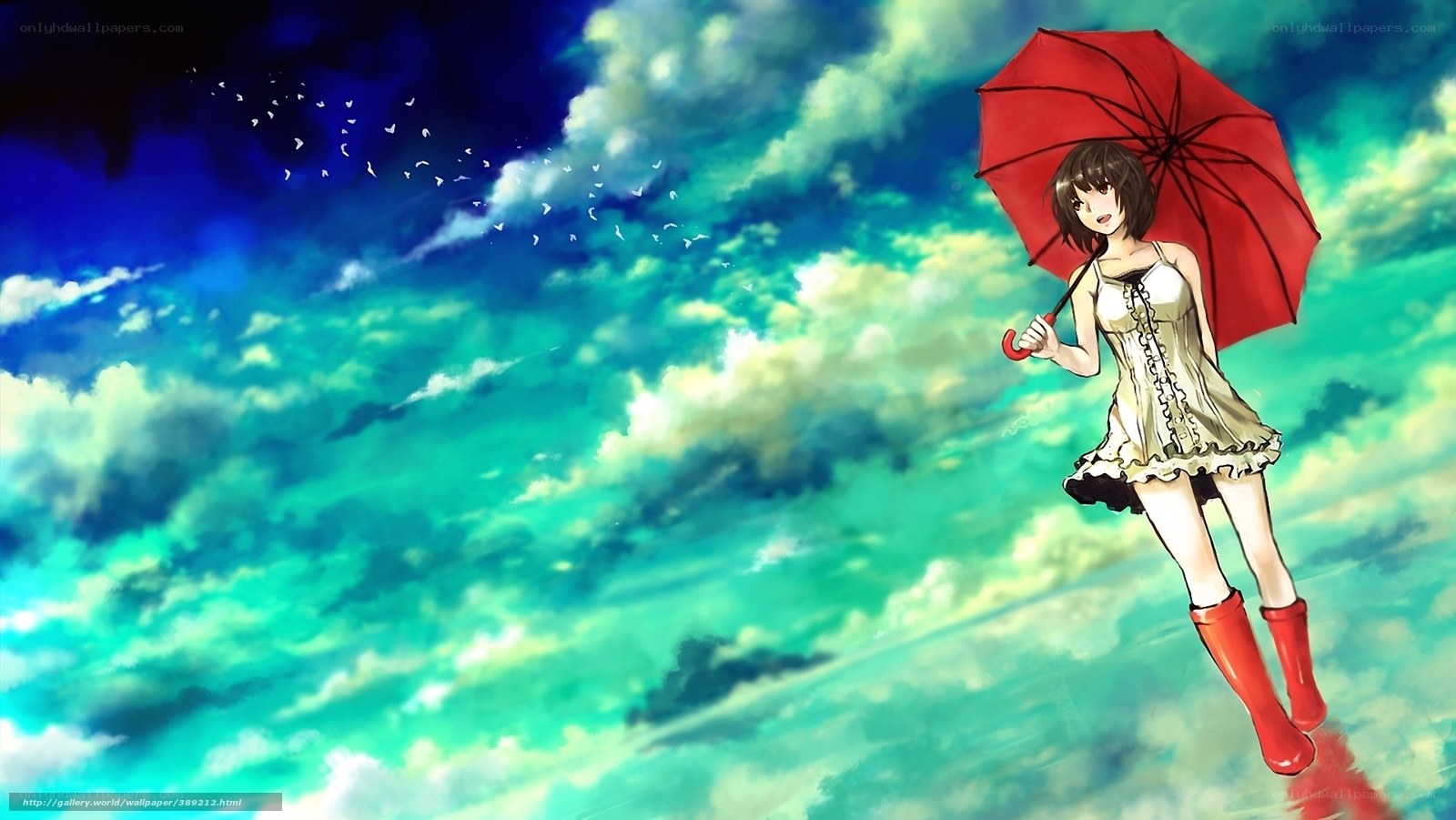 Girl with red umbrella in sky