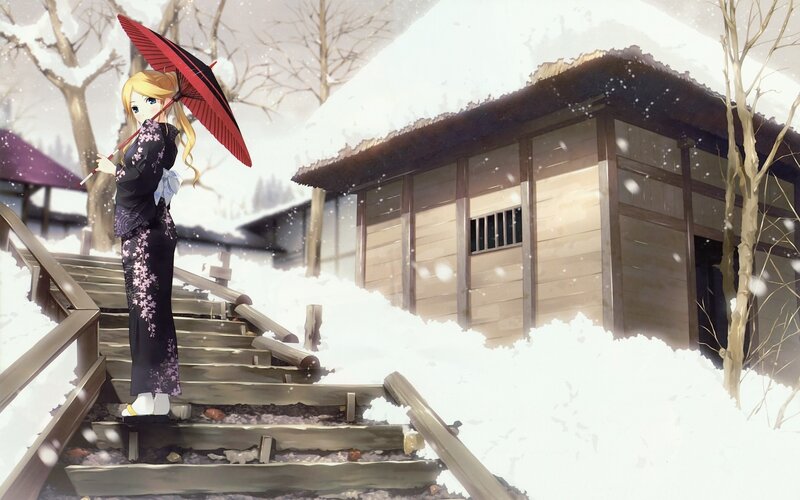 girl with red umbrella in snow