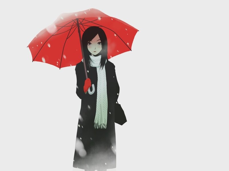 girl with red umbrella in snow